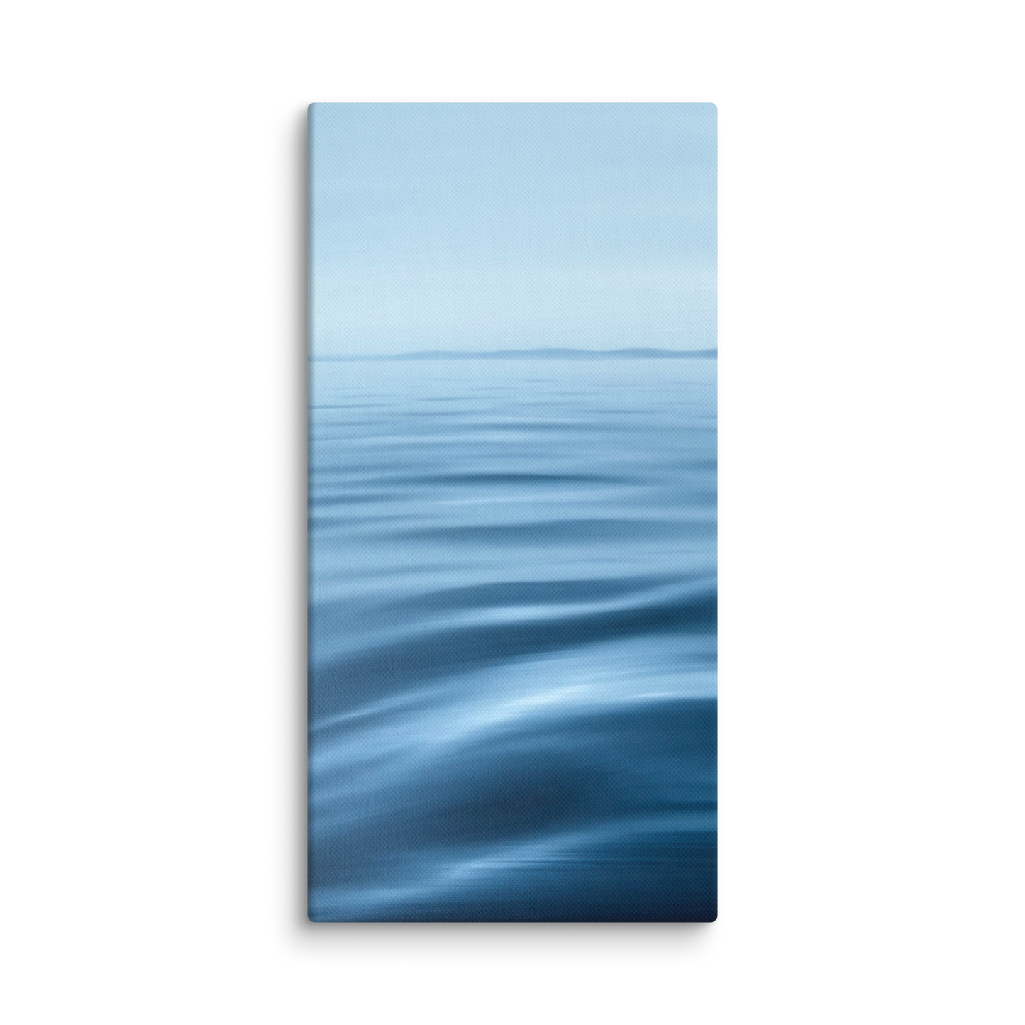 Rectangular waterscape wall art with blue wave design on a white background