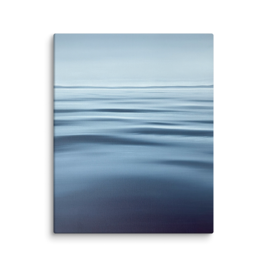Abstract blue artwork with wavy patterns on a white background